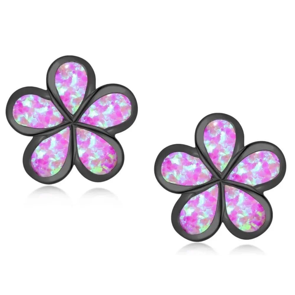 18K Black Gold with Genuine Purple Fire Opal Flower Post Back Stud Earrings